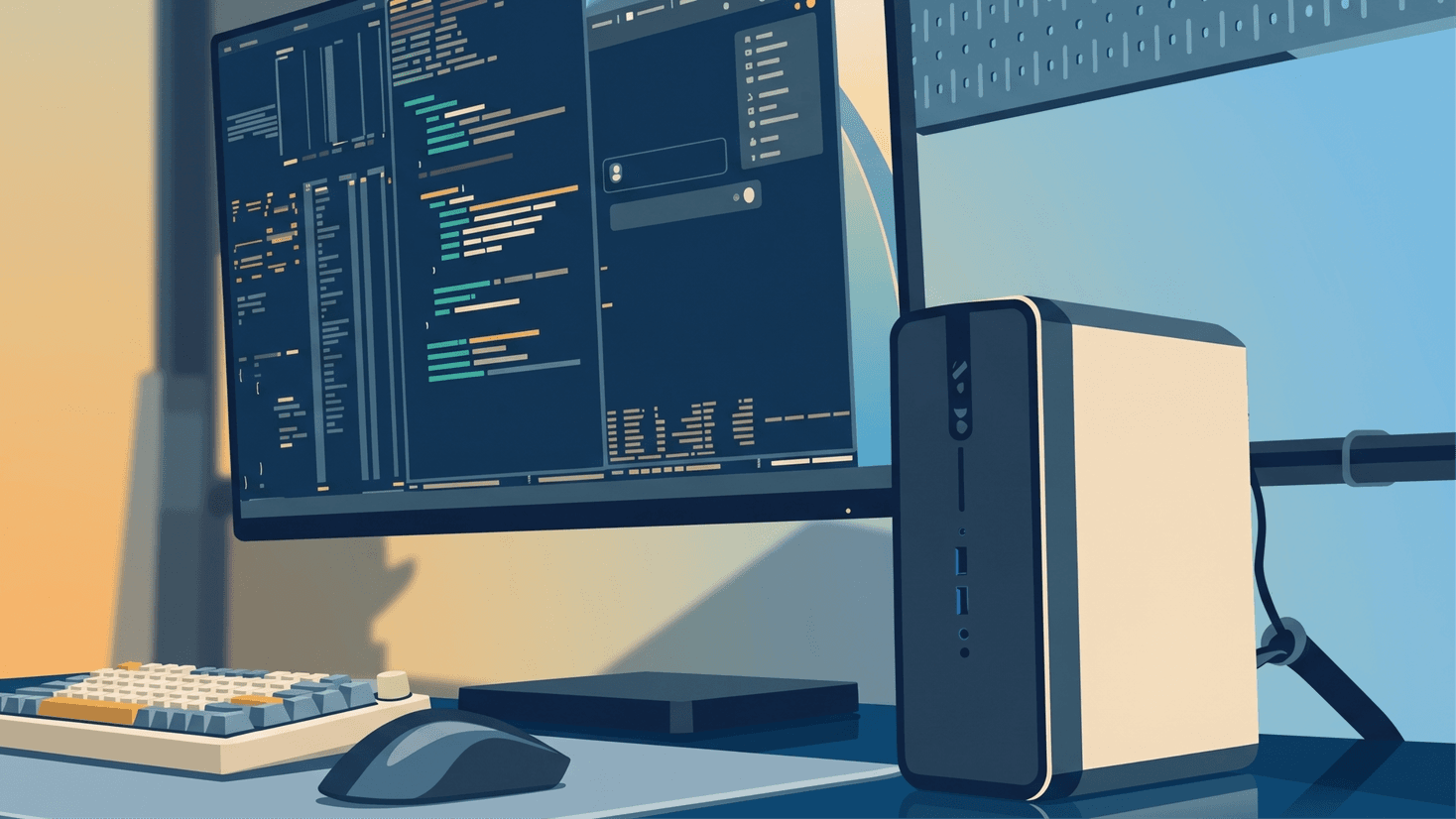 Compact AI-optimized workstation beside a monitor running a local development environment